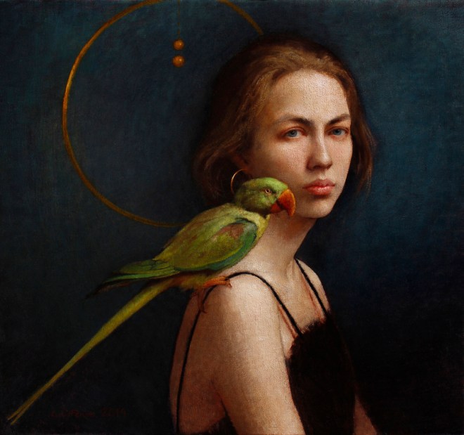 "Girl and Her Parrot," 23.5 x 25.5, oil on canvas