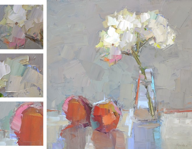 details (left) of Barbara Flowers's "Two Peaches and Hydrangea" (right)