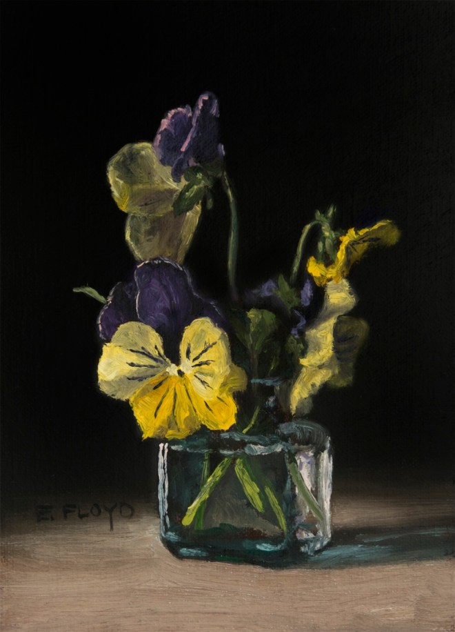 Pansies by Elizabeth Floyd, oil on linen panel, 7x5 inches